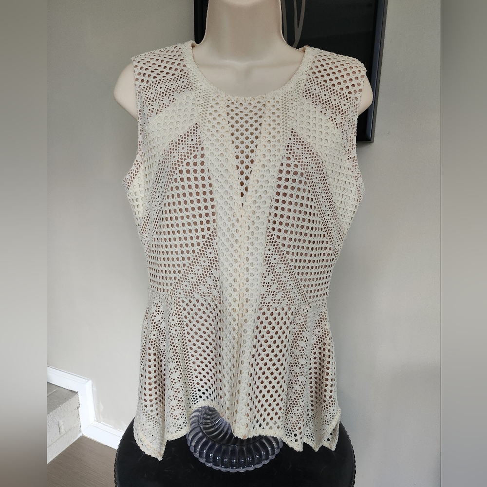 BCBGMAXAZRIA Y2K Crochet Peplum Top S Cream Open Knit Boho